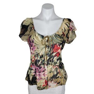 Lucky Brand Floral Short Sleeved Button Up Top with Flutter - Petal Sleeves